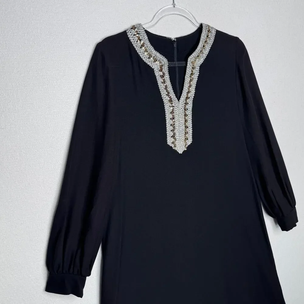 Vintage Black Silver Metallic Sequin Neck Shift A-Line Dress Cocktail M